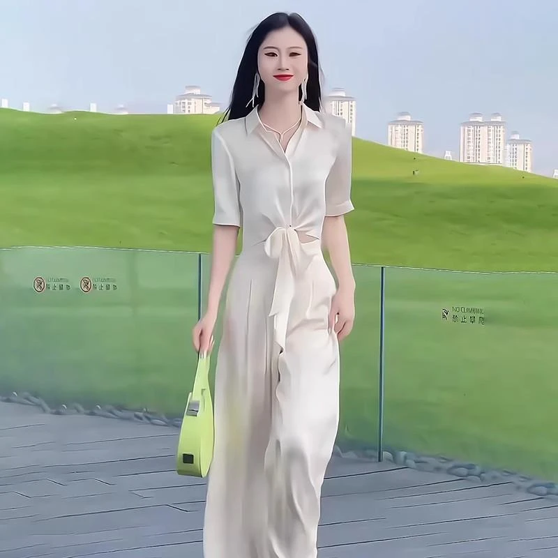 欧货休闲时尚套装女2025夏季新款醋酸缎衬衫宽松垂感阔腿裤两件套