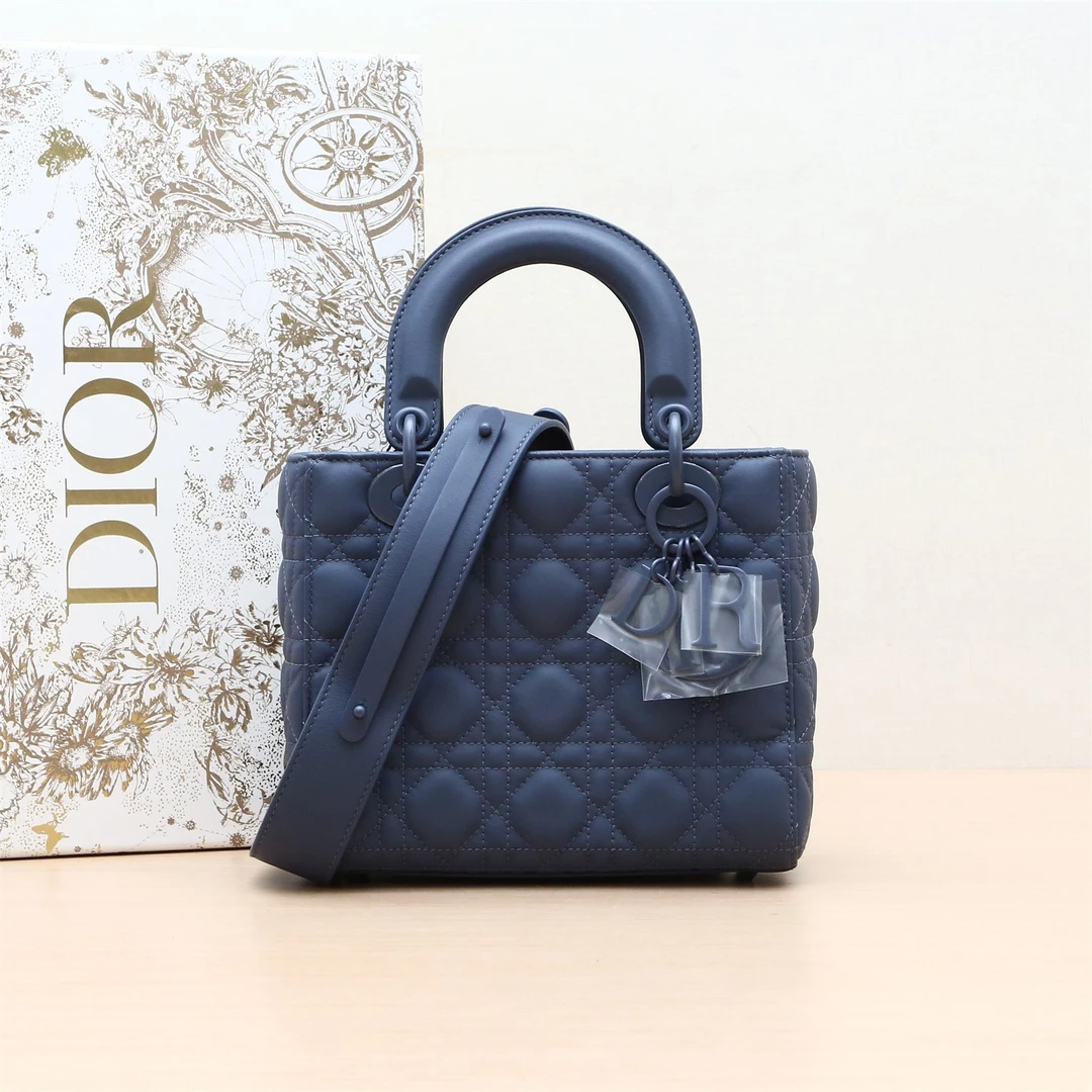 95新 DIOR/迪奥 【活动黑黑】戴妃包 四格 墨蓝色 皮革C 磨砂扣
