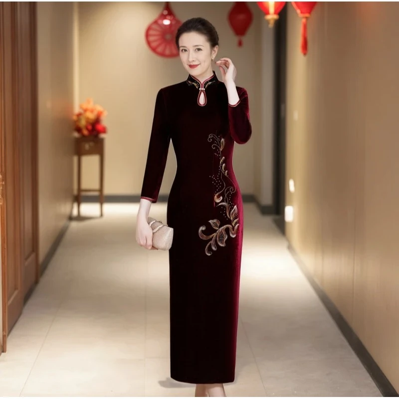 中老年女士新款修身气质改良丝绒旗袍连衣裙大码喜妈妈婚礼喜婆婆