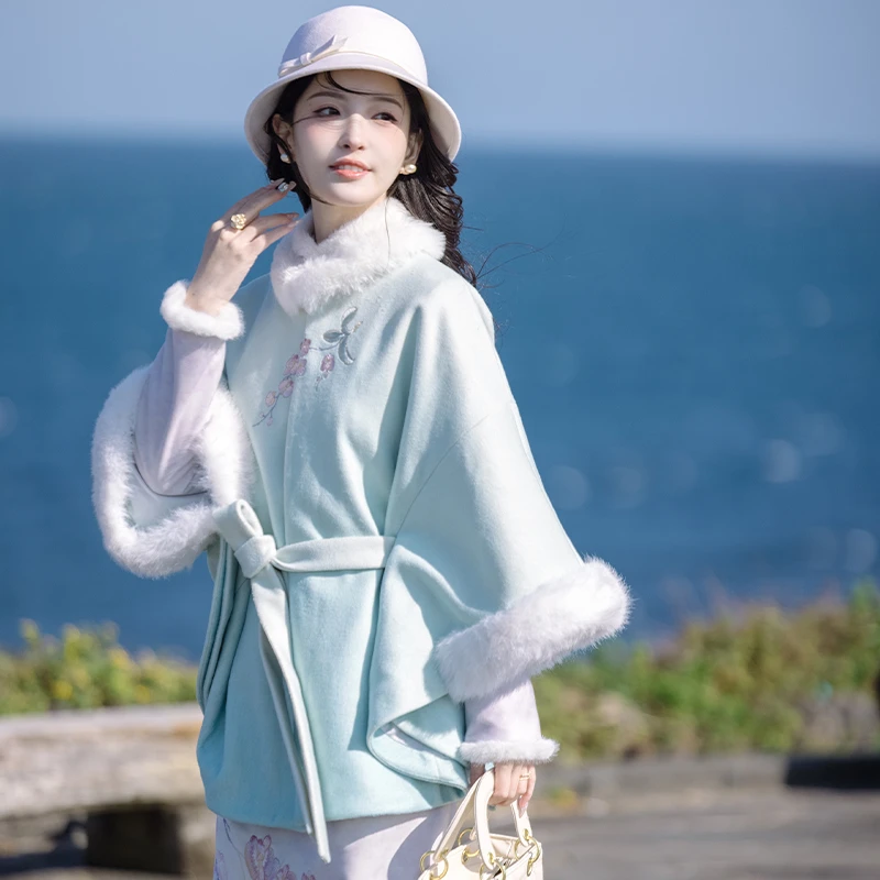 川黛时光：岸芷汀兰 渐变色改良印花旗袍斗篷感外套国风优雅套装