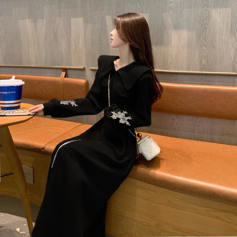 灰色卫衣连衣裙女春秋新款时尚洋气减龄气质翻领休闲裙子LJ0037
