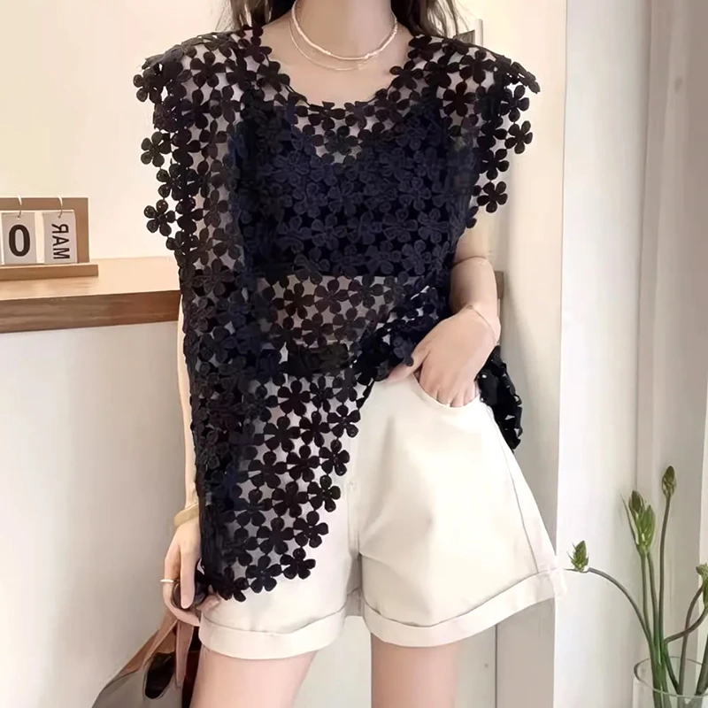 时髦洋气镂空背心无袖2025夏季叠穿罩衫钩花背心女外穿马甲蕾丝潮