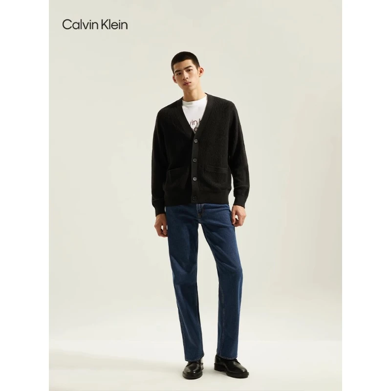 CK Jeans春秋新款男女羊毛混纺暗纹字母纽扣V领针织开衫