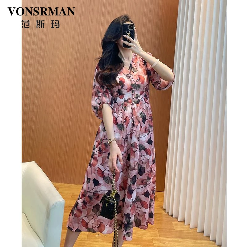 2025超火雪纺连衣裙女夏中长款半袖印花垂感显瘦遮肚子碎花长裙子