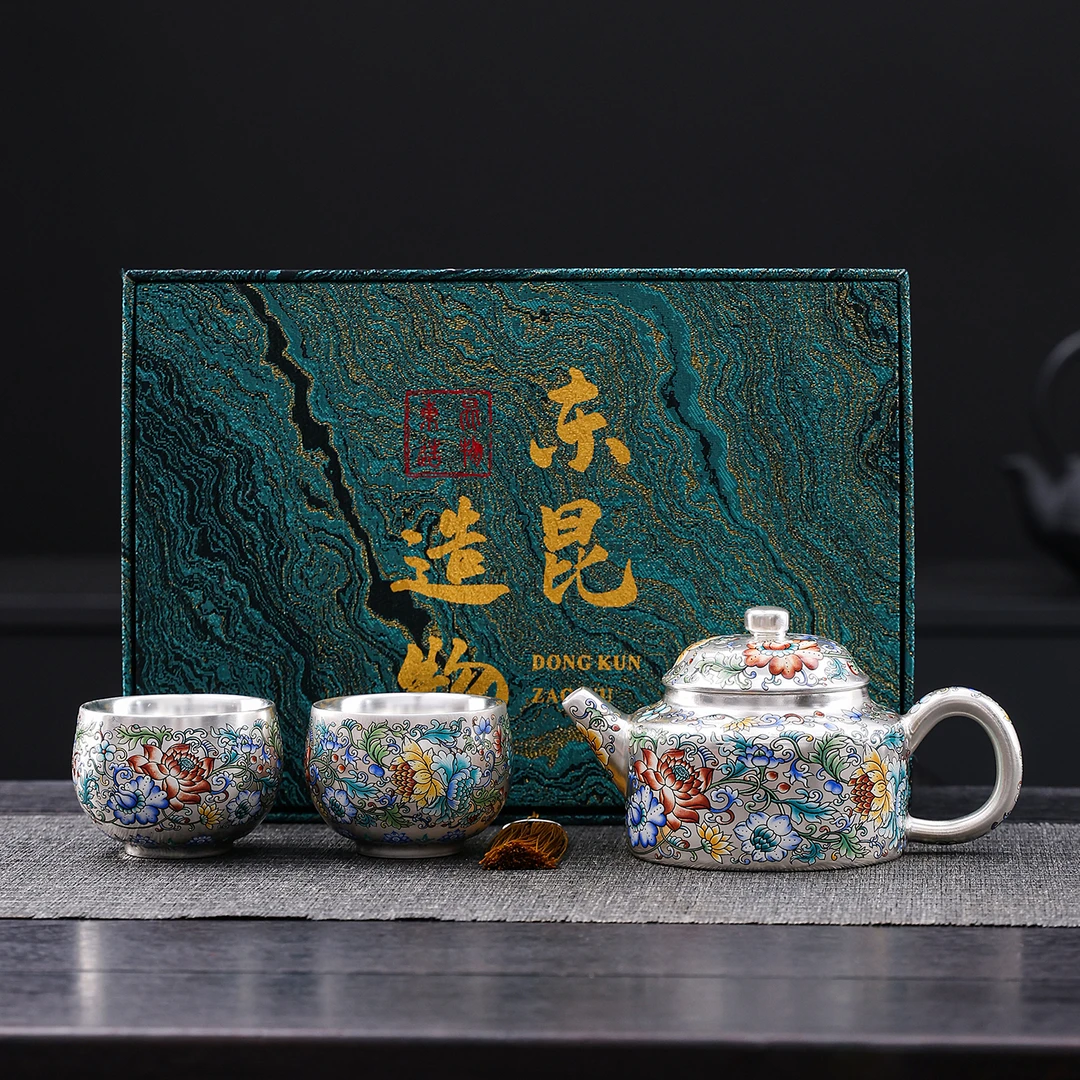 繁花似锦鎏银高级茶壶一壶二杯功夫茶具套装公司商务伴手礼品礼物