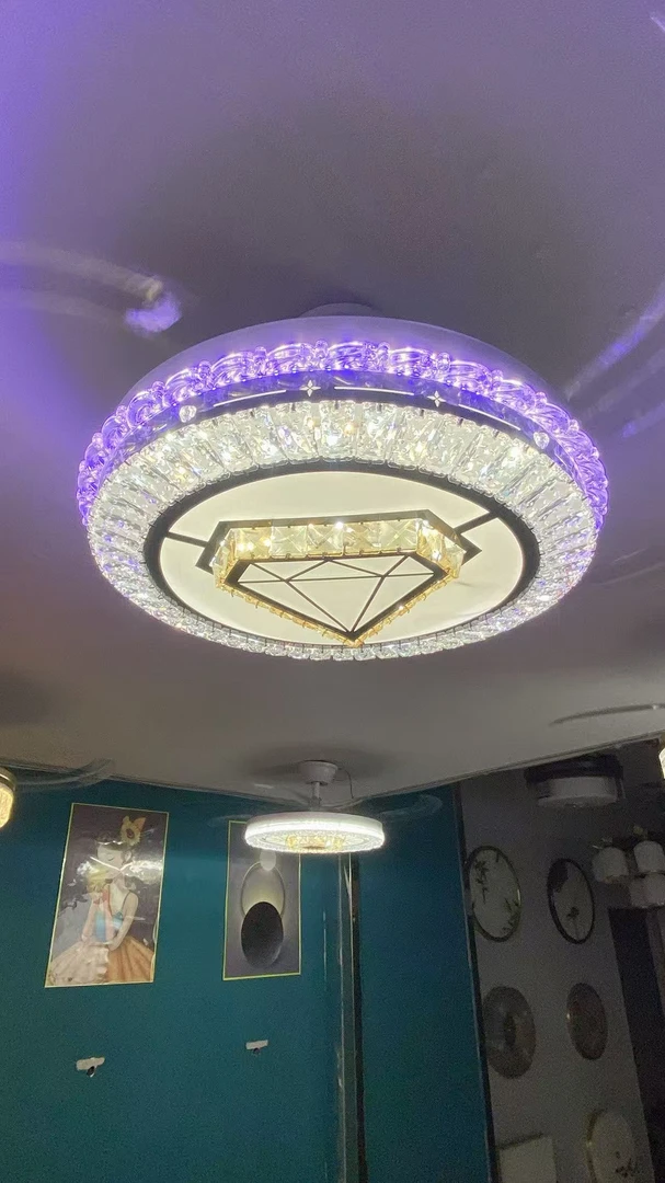 新款水晶风扇灯隐形家用客厅灯餐厅灯高端奢华钻石水晶变频风扇灯