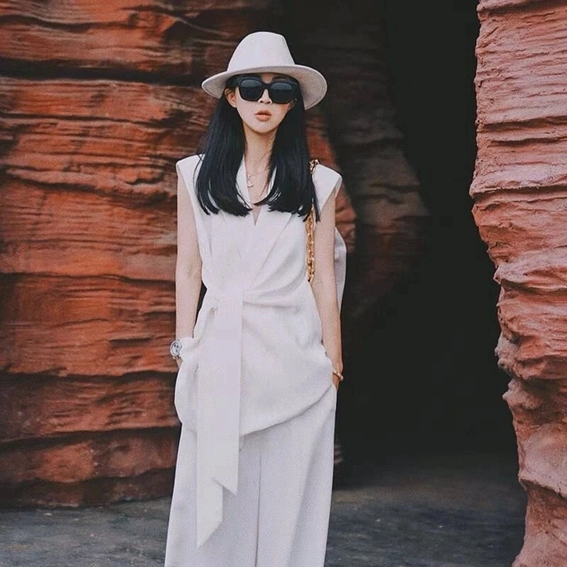 高级感炸街无袖小西装套装职业装女2025新款夏季系带西服外套薄款