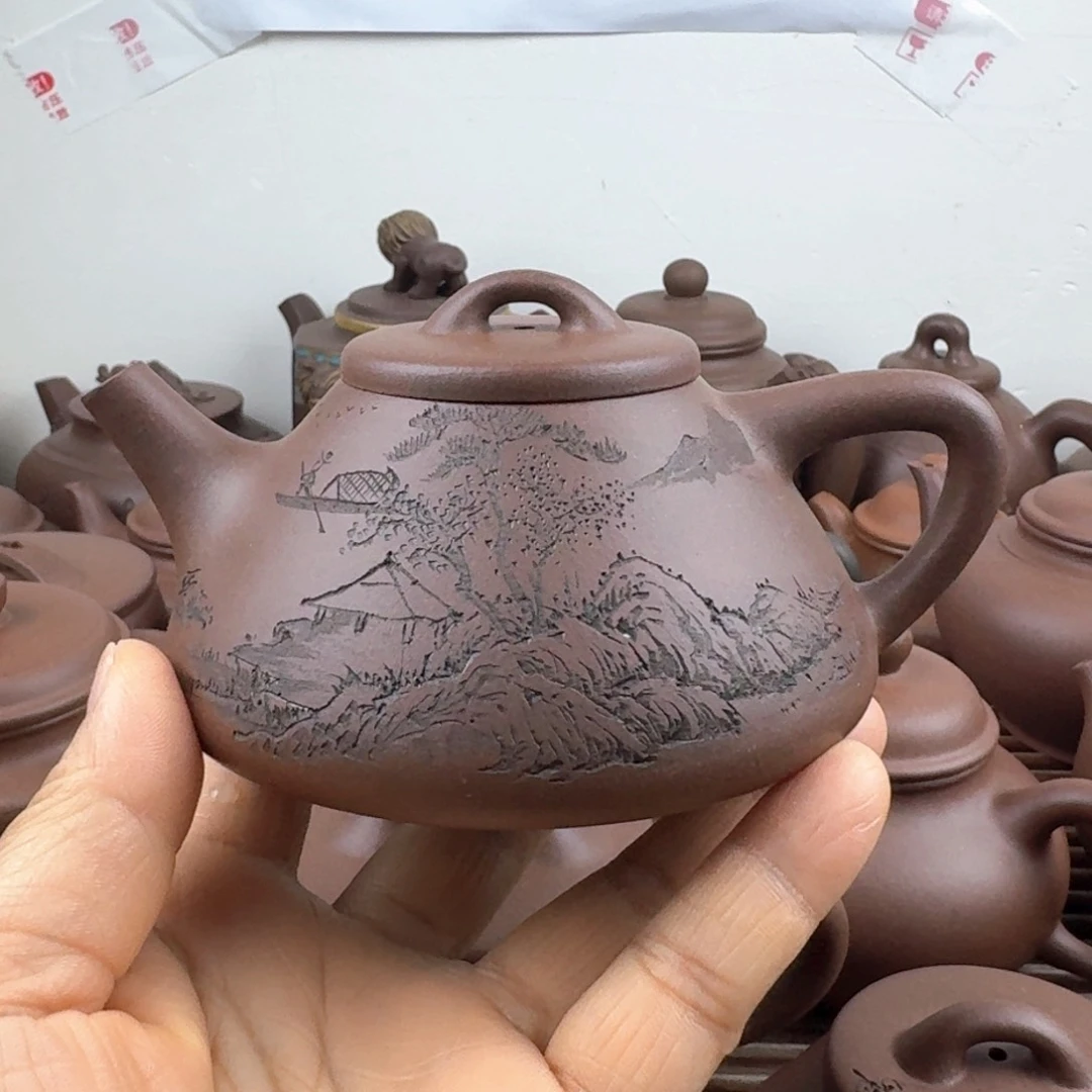 茶壶紫砂200cc子冶石瓢刻山水