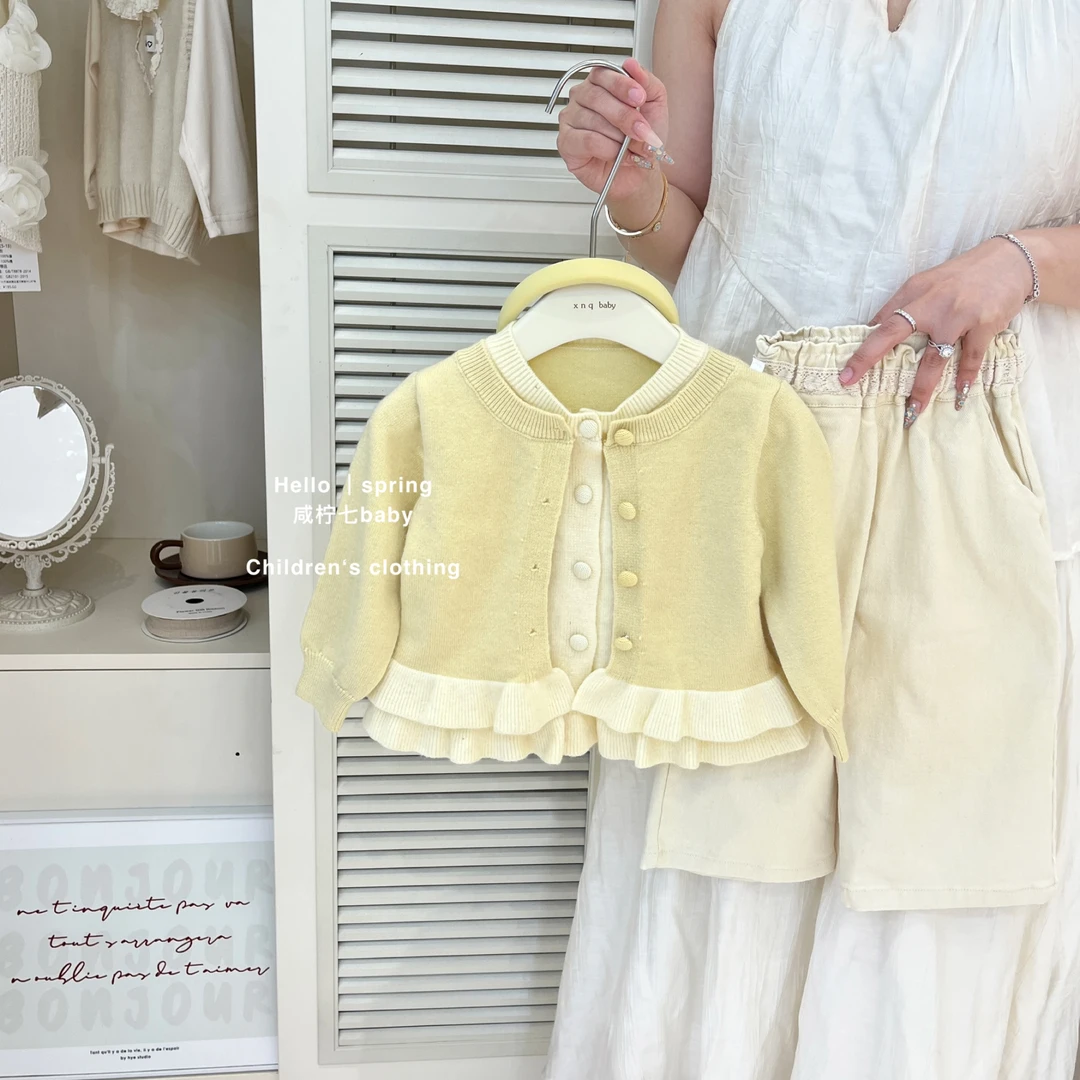 咸柠七童装女童设计感假两件花边毛衣春秋儿童针织衫开衫
