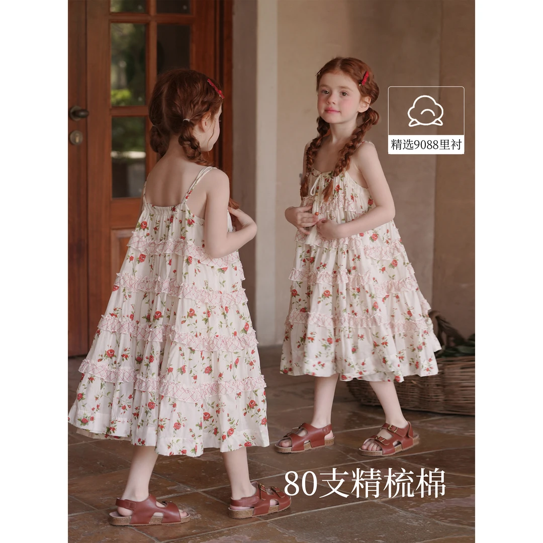 【法式浪漫】初煦女童夏季玫瑰碎花吊带连衣裙宝宝纯棉度假公主裙