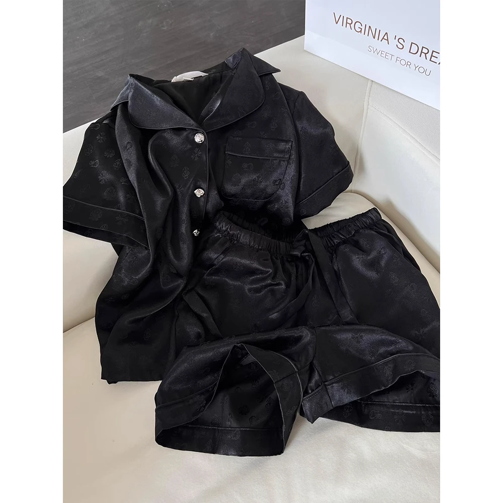 纯欲轻奢黑色高级感冰丝短袖睡衣女夏季新款短裤套装家居服可外穿