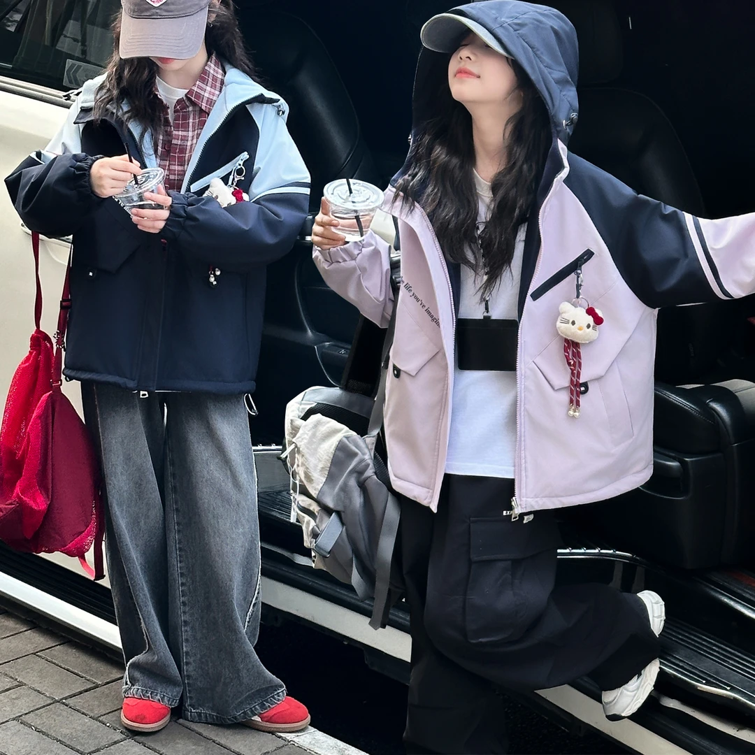 女童两面穿外套春秋2025秋季6-15岁潮酷中大童时髦洋气休闲两件套