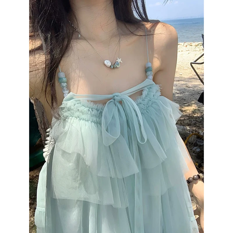 【海盐夏日】海边度假风露背吊带连衣裙女甜辣妹荷叶边无袖蛋糕短裙