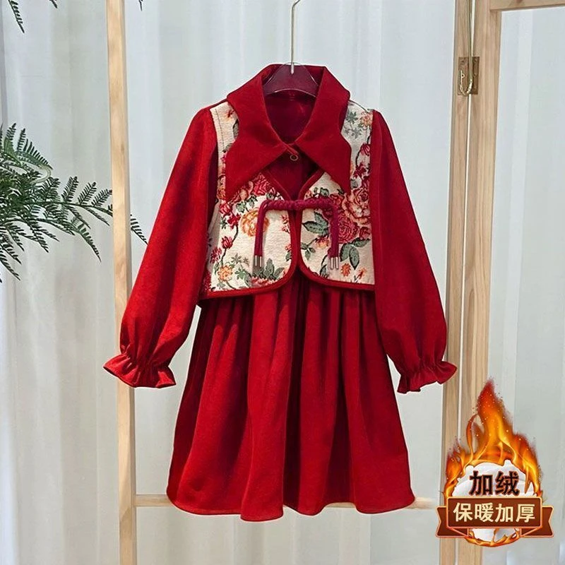 女童新中式加绒连衣裙2026新款秋冬时髦洋气公主礼服儿童拜年服潮