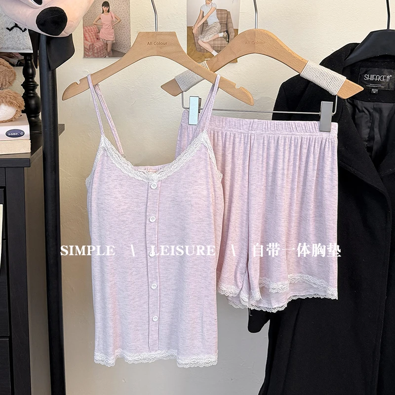 吊带短裤睡衣女款夏季带胸垫莫代尔棉蕾丝性感纯欲风粉色套装夏天