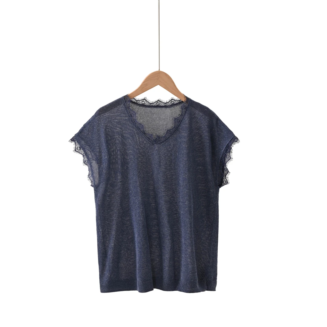 【纪陆】天丝亚麻V领蕾丝花边洋气夏季透气舒适短袖女6806