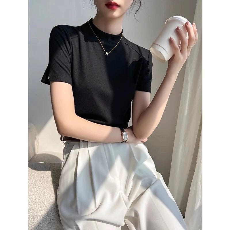 黑色半高领短袖t恤女士春夏2025年新款高级感修身打底衫短款上衣