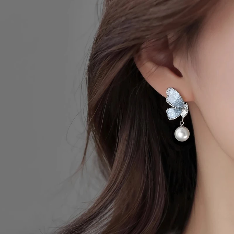 925银仿珍珠耳饰 蝴蝶耳钉女2025新爆款耳环轻奢小众高级超仙精致