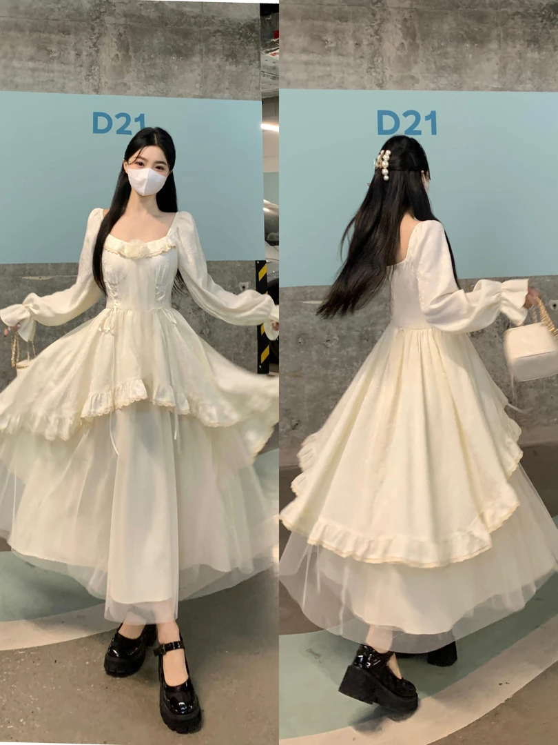 大码温柔风甜美长袖连衣裙女春季不规则网纱裙胖MM遮肚子显瘦裙子