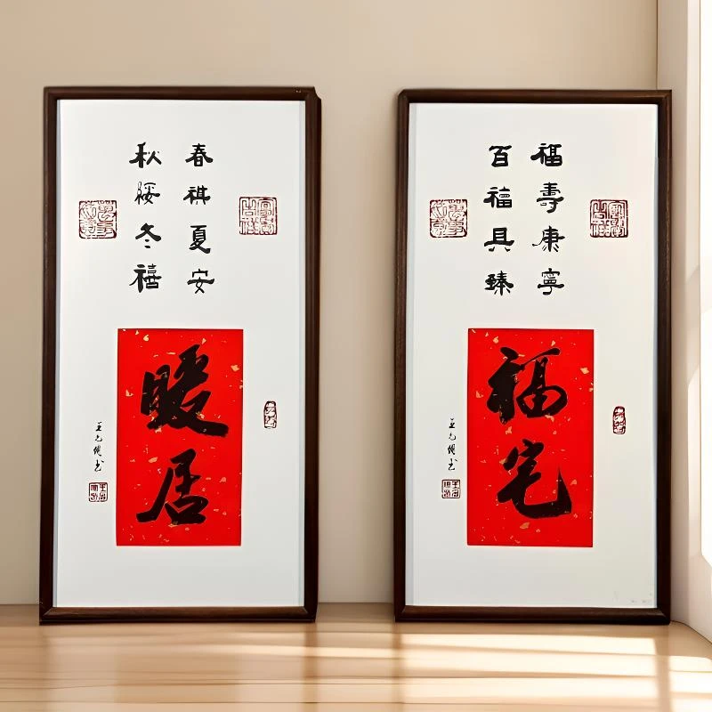 《暖居福宅》双联屏-王允倜手写书法作品带框包邮-新春客厅卧室玄关