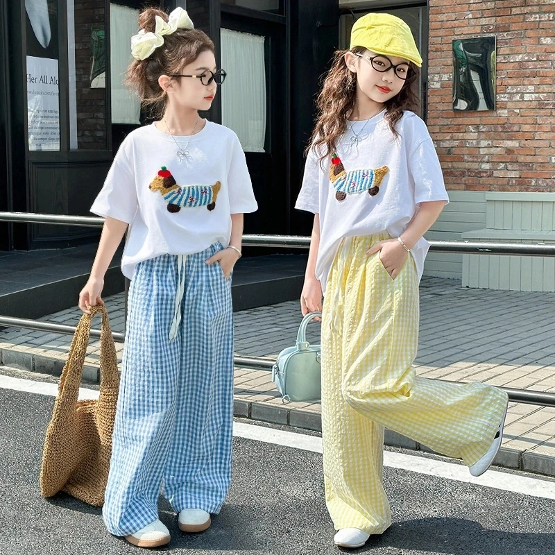 女童夏季休闲时尚套装2025新款小狗绣花短袖T恤格子阔腿裤两件套