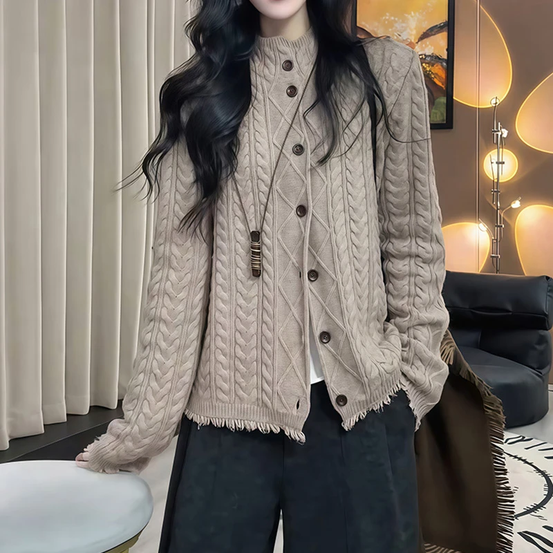 慵懒风麻花立领针织毛衣女2025秋冬新款复古编织排扣毛边宽松开衫