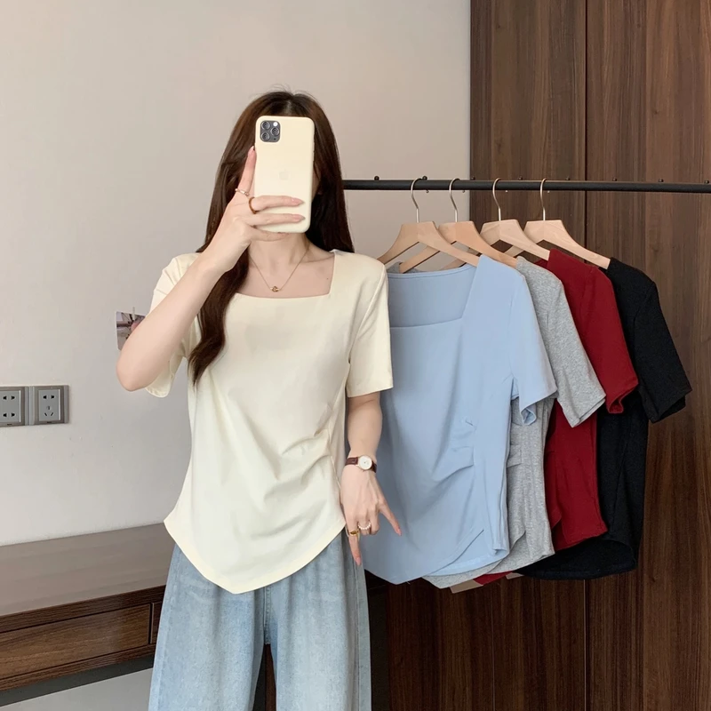 2025夏装新款胖mm大码女时尚百搭遮肚显瘦方领短袖T恤
