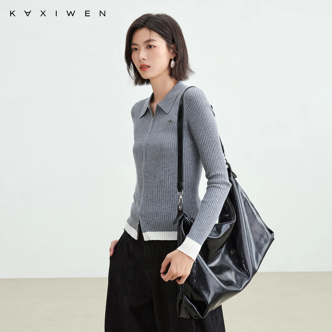 佧茜文简约撞色针织衫【秋新】气质修身坑条设计上衣女D07CZW7501