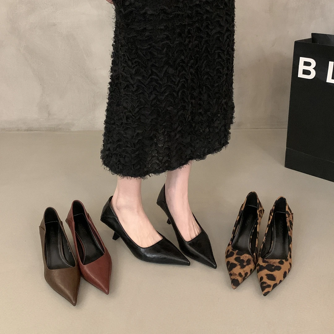 法式气质名媛红色单鞋女鞋子2025新款春秋夏季尖头细跟豹纹高跟鞋