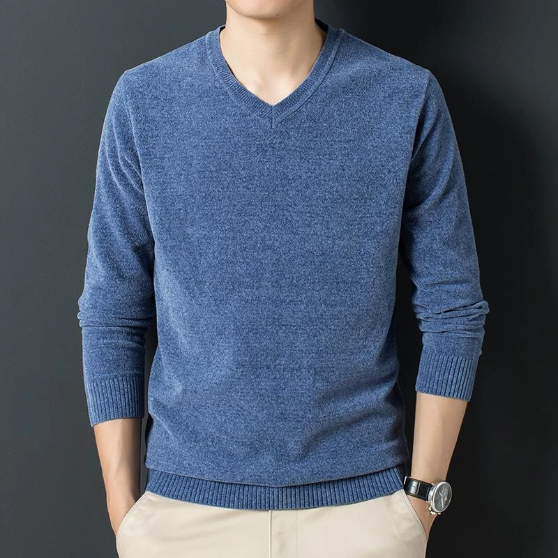 秋冬季男士V领长袖针织毛衣鸡心领休闲上衣雪尼尔t恤打底衫男装潮