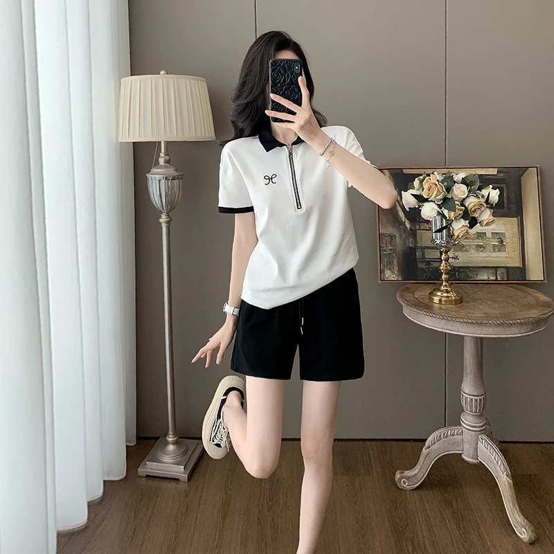 polo领夏季新款短袖短裤时尚白色宽松凉爽减龄显瘦休闲运动套装女