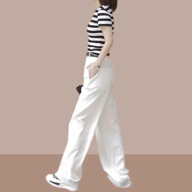 2025年夏季新款搭配穿搭时髦洋气短袖条纹上衣白色阔腿裤两件套女