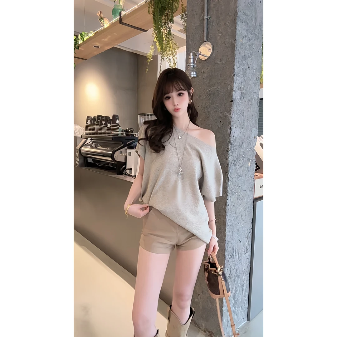 斜肩蝙蝠袖2025新款针织T恤女夏季百搭慵懒宽松显瘦设计感上衣