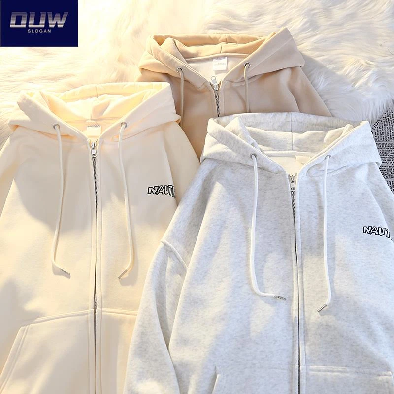 O.U.W初秋薄款印花字母纯棉连帽卫衣外套男士日系宽松开衫夹克ins