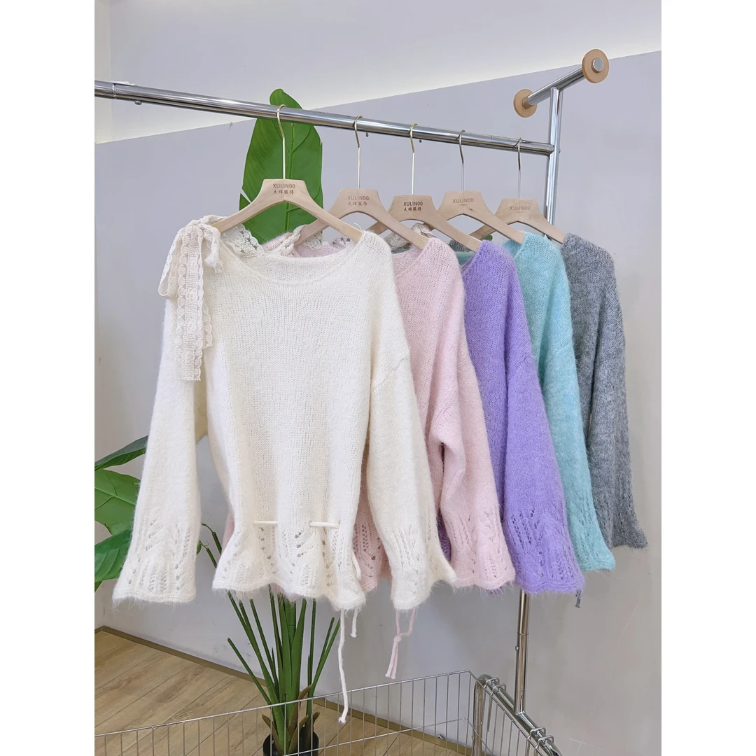 丨早秋新款多色圆领蕾丝系带设计感时尚长袖针织衫 MDY6851
