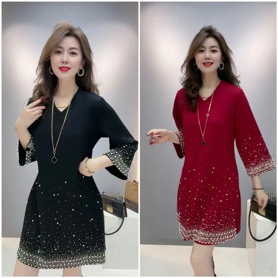 8826新款时尚显瘦长袖V领休闲宽松洋气百搭打底中长款工艺连衣裙