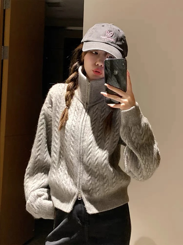 秋冬软糯慵懒风小个子宽松外搭针织衫上衣立领拉链开衫毛衣外套女