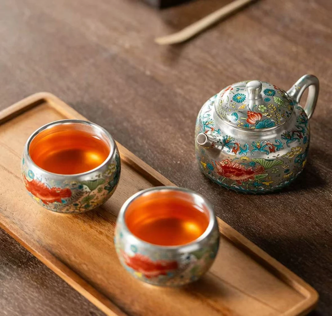 陶瓷家用款红色汉瓦泡茶壶茶具茶壶茶器鱼藻纹YY4919
