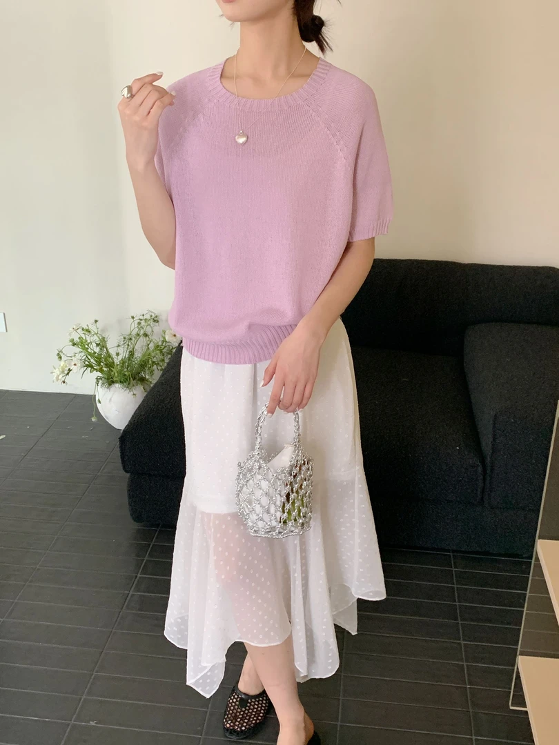 【DUODUO 969985】和纸纱圆领针织短袖T恤夏季新款女休闲百搭针织衫