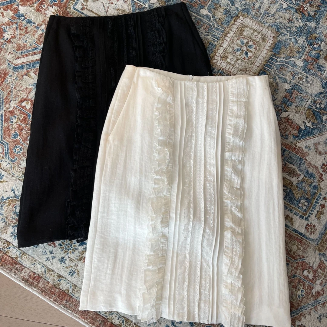 LNHJ【绮境】时尚百搭高腰设计感蕾丝拼接中长款半裙