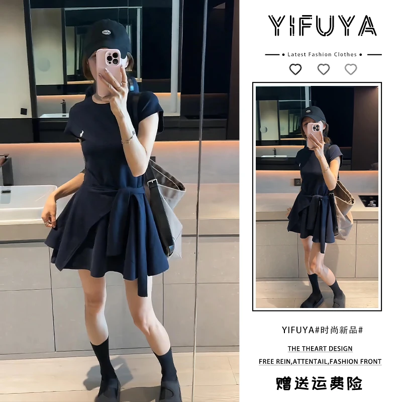 小个子藏蓝色带披肩两件套装裙子女夏季t恤裙独特漂亮掐腰连衣裙