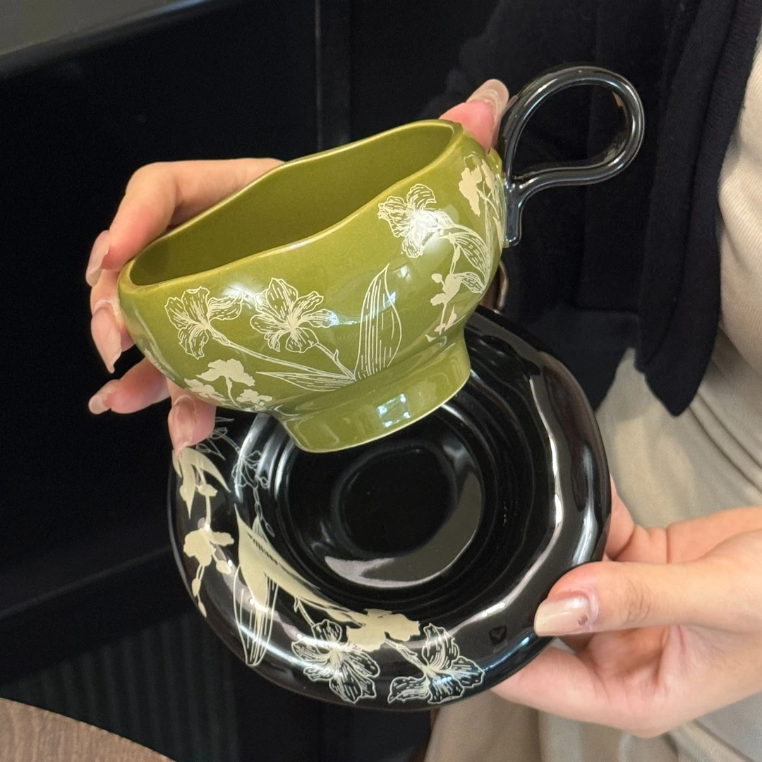 摩登百分百中古风鸢尾花咖啡杯碟美式杯拿铁杯复古陶瓷杯喝水杯