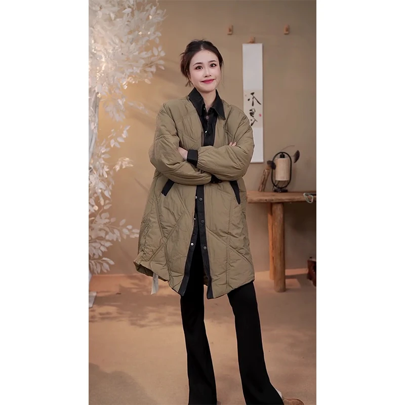 孤5628   冬季休闲撞色翻领棉衣24冬季时尚宽松中长款拼接外套