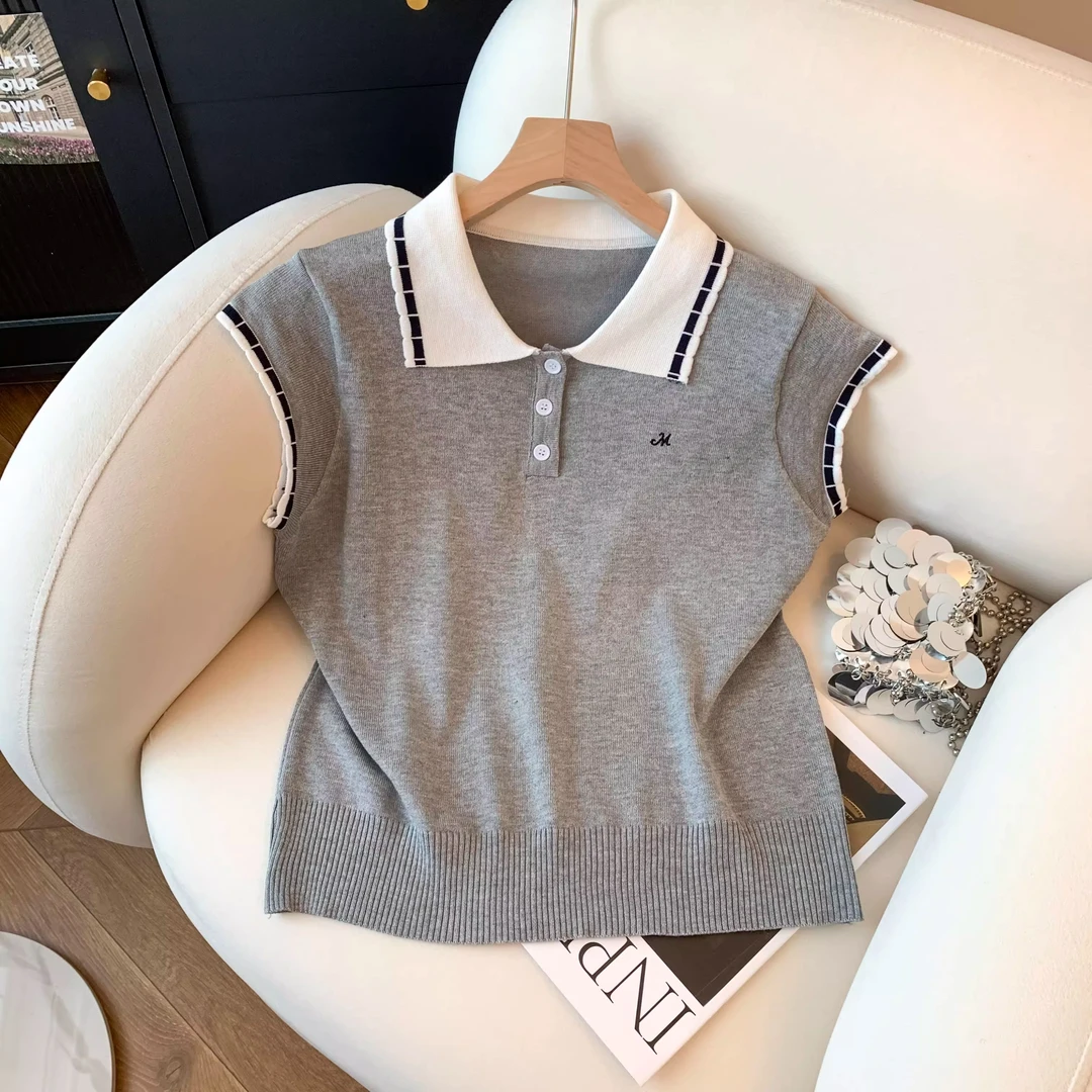 韩系撞色polo翻领冰丝小飞袖针织衫女夏季洋气减龄薄款t恤上衣潮