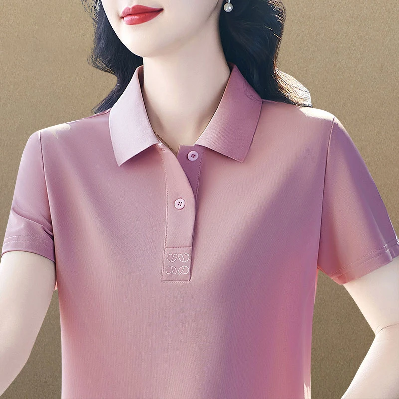 爆火】纯色翻领运动polo衫T恤女休闲短袖夏季新款2025显瘦冰丝上衣