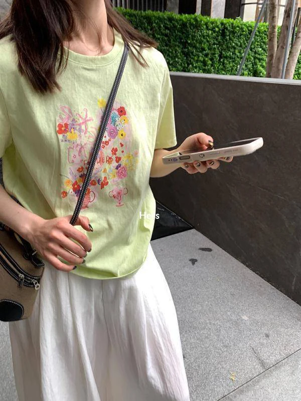 2025纯棉植物花卉印花设计感时尚显瘦女短袖休闲短款圆领上衣夏季