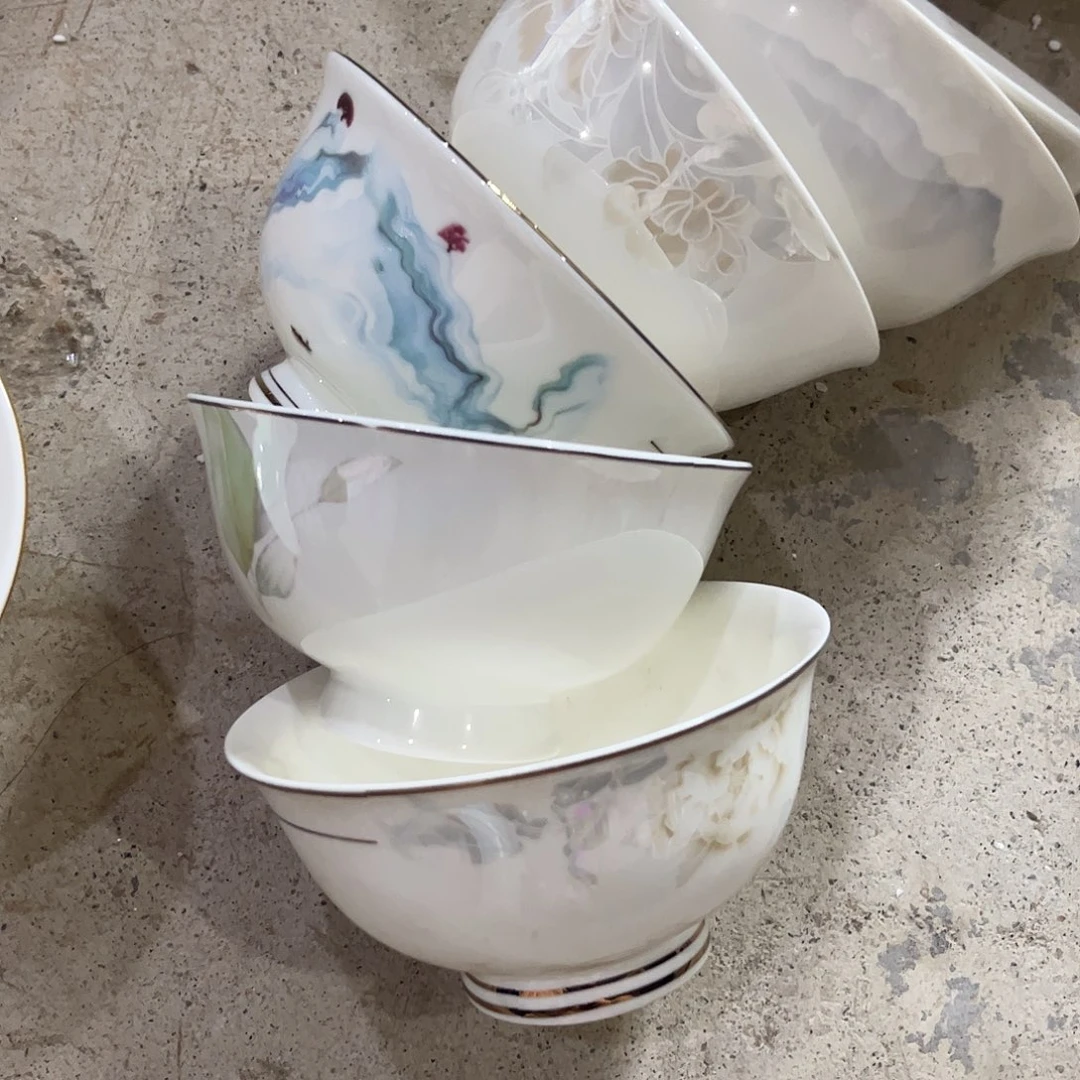 瓷片高脚碗六个微瑕4.5寸混搭