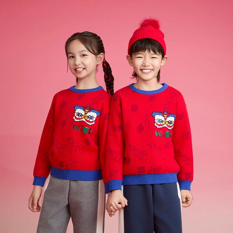 歌瑞家儿童毛衣2025春季新款中大童装保暖套头针织线红色圆领秋冬