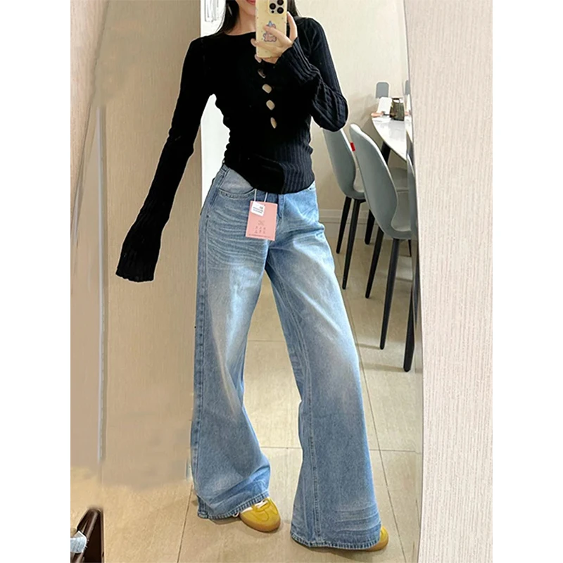微胖mm蓝色阔腿牛仔裤女春季新款美式高腰宽松显瘦垂感直筒拖地裤