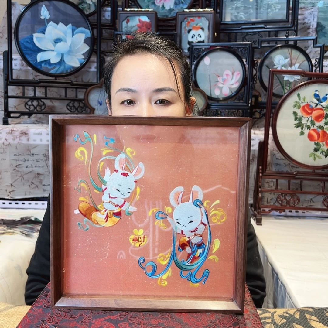 织绣苏绣摆台胡桃木手工双面